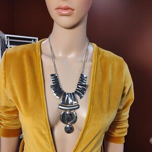 Geometric Silver Tone Statement Necklace Art Deco Modern Sculptural